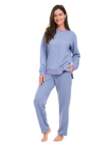 Blue Crew-neck Quilted Loungewear Set