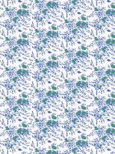 Blue Block Print Floral Grasscloth Wallpaper