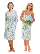 Load image into Gallery viewer, Hydrangea Pima Knit Bundle: Short Classic Robe + Short Pleated Slip Nightgown
