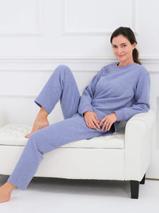 Blue Crew-neck Quilted Loungewear Set