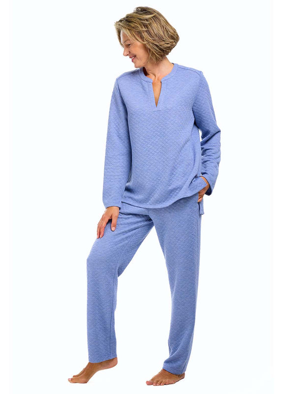 Blue V-Neck Quilted Loungewear Set