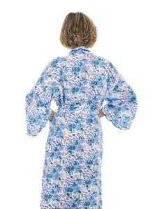 Blue Floral Print Kimono Robe with Scalloping