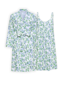 Hydrangea Pima Knit Bundle: Short Classic Robe + Short Pleated Slip Nightgown
