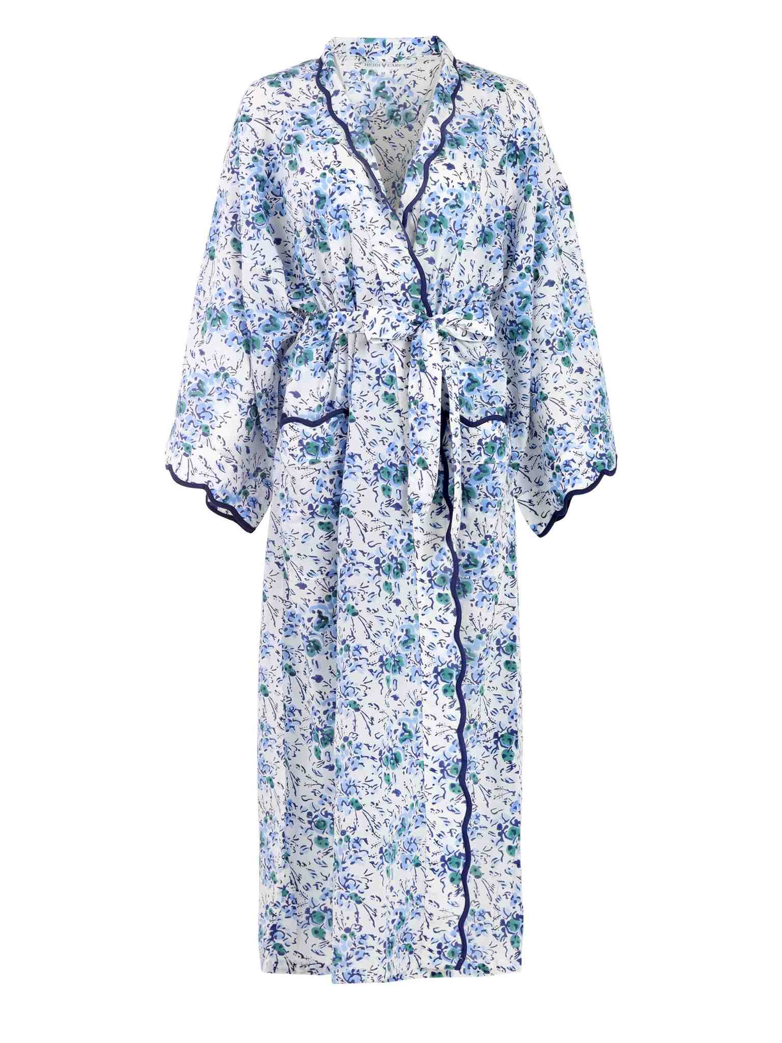 Blue Floral Print Kimono Robe with Scalloping, X-Small Blue Floral Print Kimono Robe with Scalloping, X-Small
