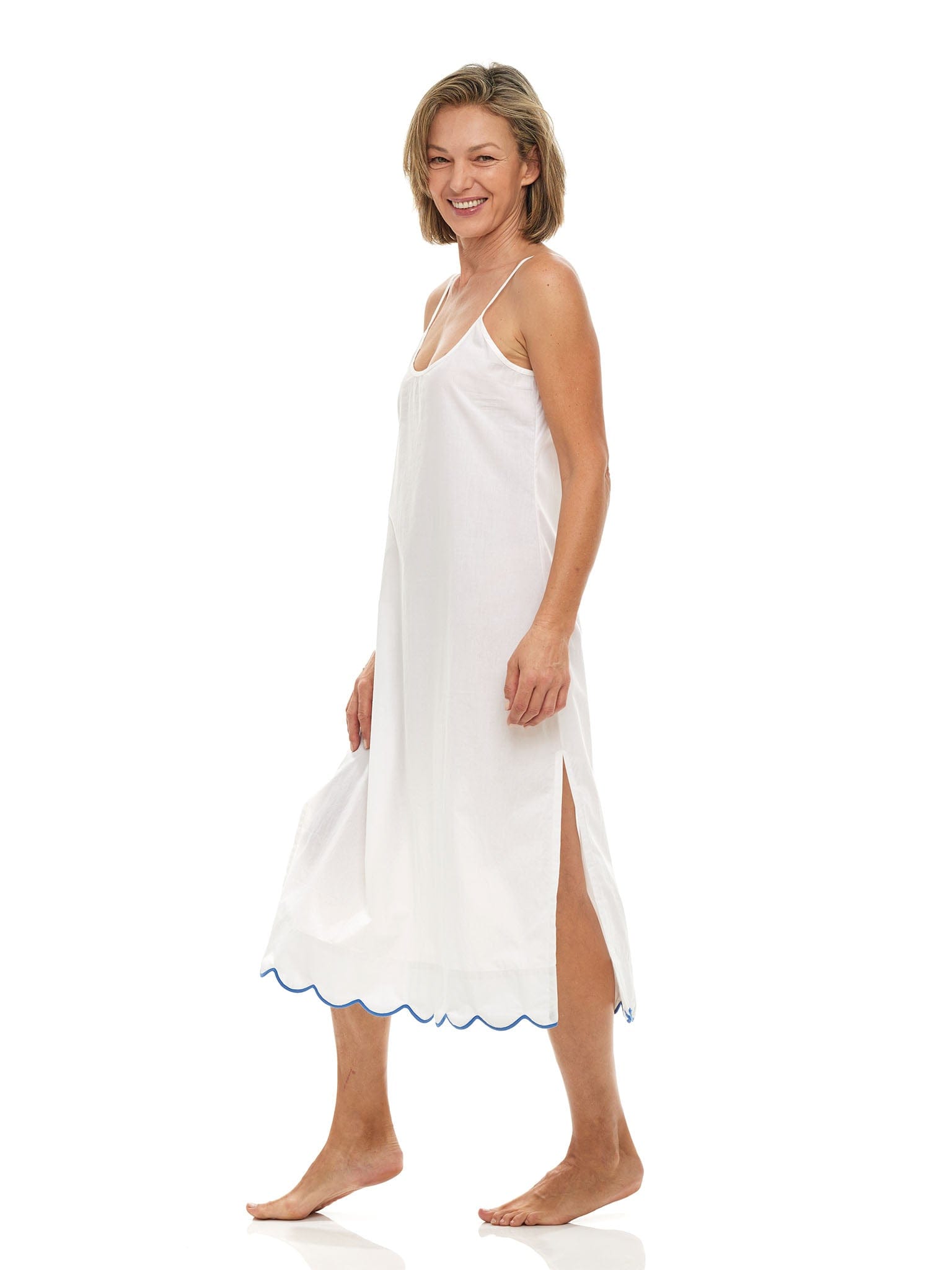 White Slip Nightgown with blue scalloping – Heidi Carey
