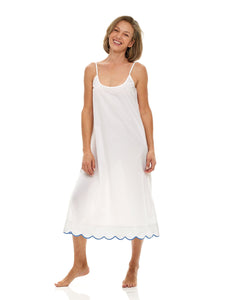 White Slip Nightgown with blue scalloping